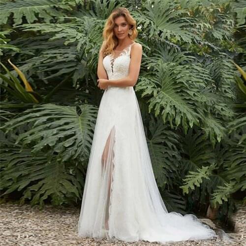 Sheer O-Neck Lace Appliques A-Line Wedding Dresses Spring Bridal Gowns Custom Made See Through Back Women Wedding Wear Natural