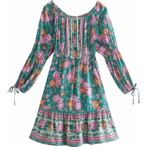 New Vintage Women Floral Printed Pleated Mini Dress Long Puff Sleeves Slash Neck Chic Lady Vogue Short Dresses Woman Robe