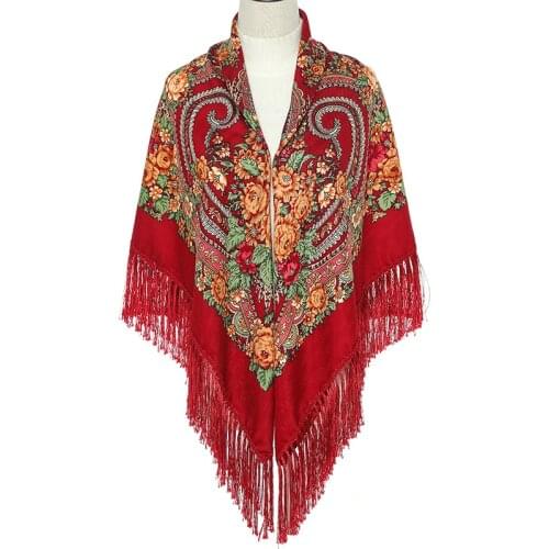 135*135cm Russian Square Scarf For Women National Wind Travel Shawl Ethnic Style Floral Pattern Fringed Scarves Hijab Wraps