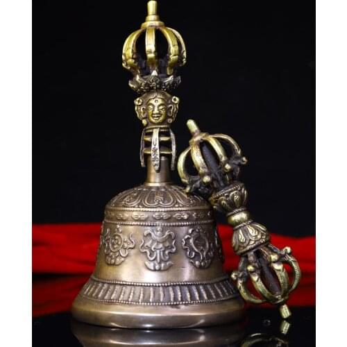 Home Decor 8" Tibet Buddhism temple bronze silver Buddha bell set Buddha pattern Ghanta Phurpa Vajra Dorje Set Rattle bell