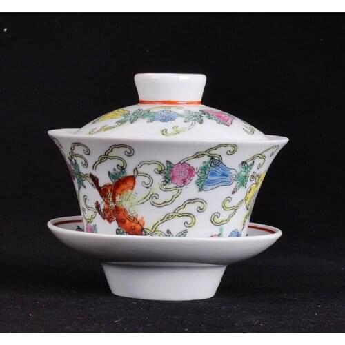 Jingdezhen Factory Porcelain/Handpainted White Sweet Melon Butterfly Covered Bowl/Sancai Bowl/Tea Tasting Covered Bowl/Tea Salut