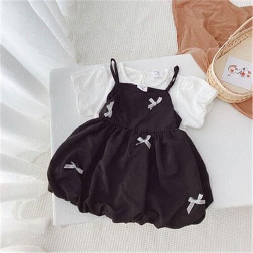 Summer New Baby Girls Clothing Sets Fashion Puff Sleeve White T-shirts Bow Strap Dress Kids 2pcs Suit for Girl Toddler Clothing