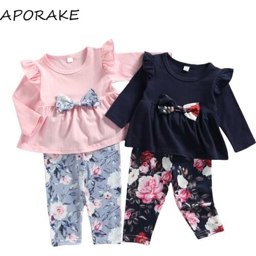 2021 0-2Y Summer Kids Baby Girl Clothes Spring Fall Solid Color Bow Long Sleeve Dress+Floral Long Pants Casual 2pcs Outfits Set