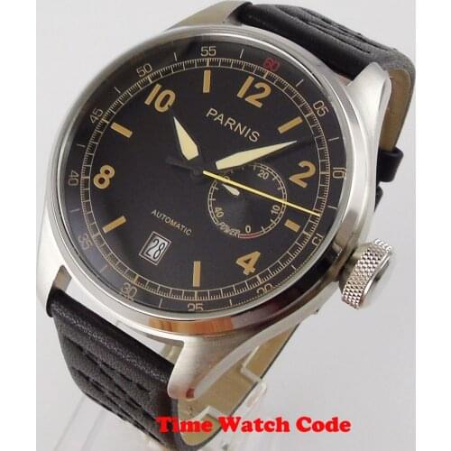 PARNIS 48mm Automatic Mens Wristwatch Black Dial Power-reserve Auto Date 2C30 Movement polished bezel black leather strap