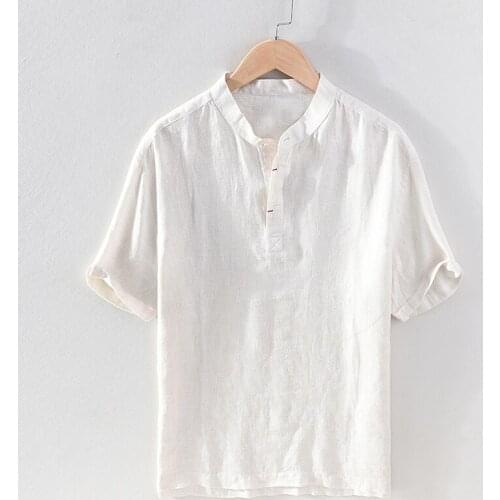 2021 New style short-sleeved beige plaid shirt men brand Chinese stand collar fashion shirts for men tops mens clothing chemise