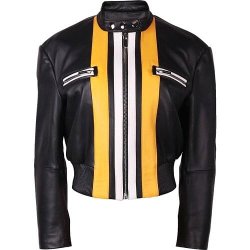 YOLOAgain 2021 New Autumn Real Leather Jacket Women Ladies Stand Collar Striped Lambskin Jacket