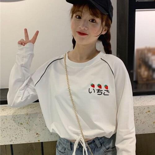 New Fashion Tops Small Fresh Embroidered Long-Sleeved T-Shirt Hem Drawstring Lace Up Versatile Waist Womens Clothing