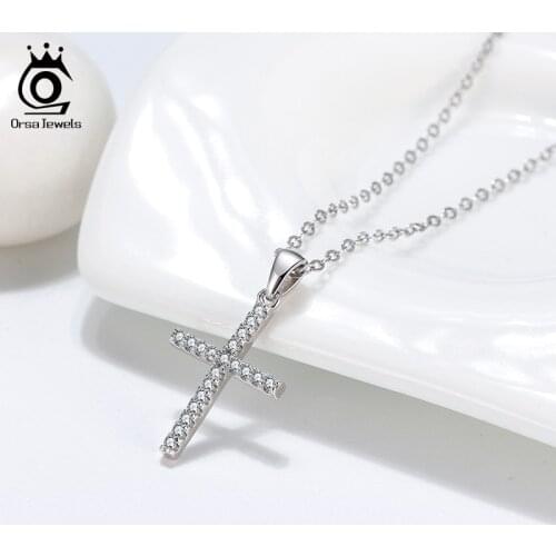 ORSA JEWELS Cross Pendant Necklace 925 Sterling Silver Women Jewelry Zircon Stone Choker Pendant Necklace Christmas Gift OSN219