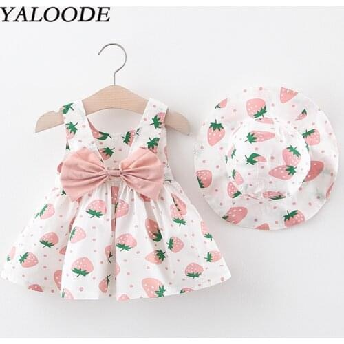 Baby Girl Dress 2020 Summer Newborn Dress Hat 2 Piece Clothes Set Strawberry Print Baby Girl Clothes Infant Toddler Clothing