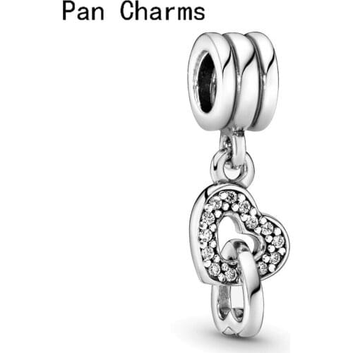 Silver Color Double Heart With Clear Zircon Dangle Charms Fit Original Pandora Bracelet DIY Jewelry Making Valentine Day Gift