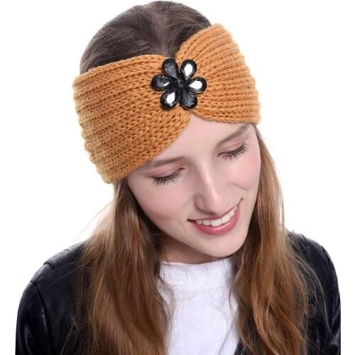 Cute Knitting Headband Women Crystal Rhinestone Spliced Solid Handmade Keep Hairbands Winter Warm Headbands Hair Accessories