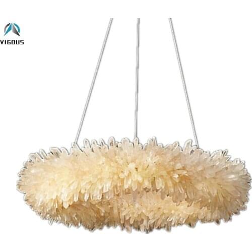 Luxury Natural Quartz Round Led Pendant Light American Villa Luminarias Suspension Lamp Indoor Drop Light for Living Room