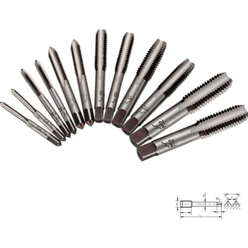 12pcs Hand Screw Tap M3/M4/M6/M8/M10/M12 Screw Thread Set Metric Plug Straight Fluted Threading Tool Tap Die Drill Bit
