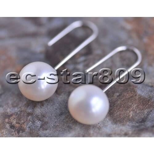 P6663 AAA+ 10MM WHITE ROUND FRESHWATER PEARL DANGLE EARRING STERLING SILVER
