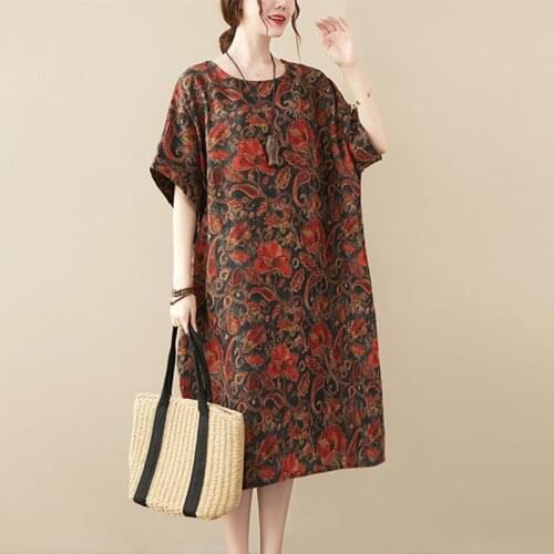 Thin Soft Cotton Linen Loose Summer Dress Print Floral Vintage Dress Plus Size 5XL 6XL Loose Women Travel Casual Beach Dress