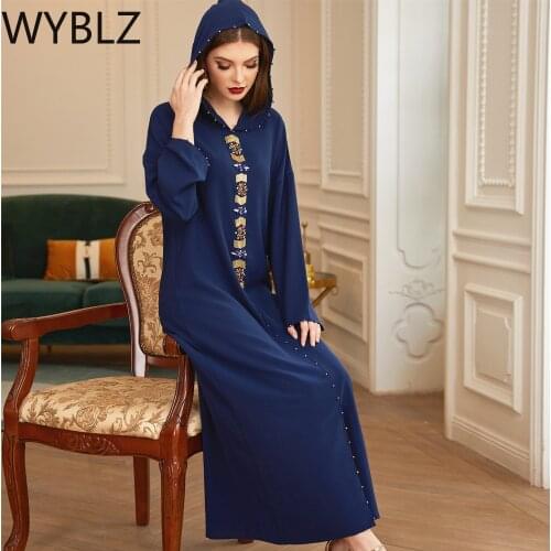 WYBLZ Abaya Muslim Womens Clothing Navy Blue Turkey Hijab Long Dress Dubai Evening Clothes Muslim Diamonds Luxury Moroccan Robe