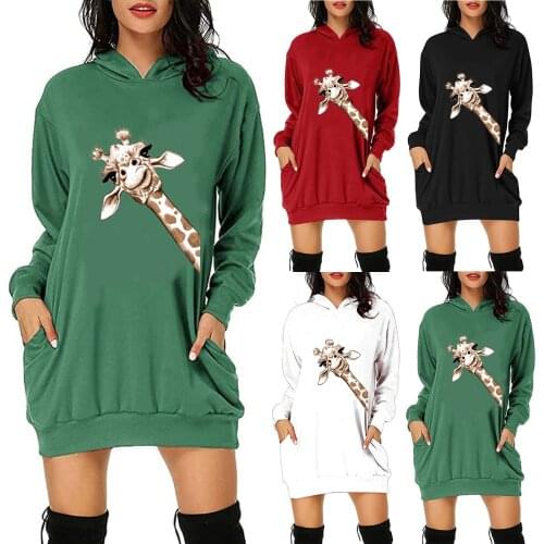 Hoodie Women Y2K Chic Cartoon Giraffe Print Long Hoodies Christmas Dress With Pocket Long Sleeve Hooded Oversized Sweatshirt Bts