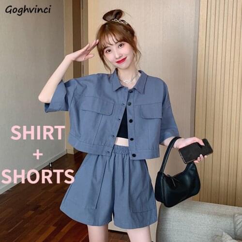 Women Sets Short Sleeve Turn-down Collar Shirts Elastic Waist Shorts Womens High Street Harajuku Solid Streetwear Casual 2 pecs