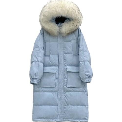 2020 Winter New Women Jacket Real Raccoon Fur Collar Hooded 90% White Duck Down Jacket Casual Loose Female Warm Long Down Parka