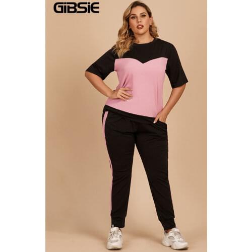 GIBSIE Tracksuit Women Two Piece Set Plus Size O-Neck Short Sleeve T-Shirt And Joggers Sets Color Block Summer Sporty Suit 2021