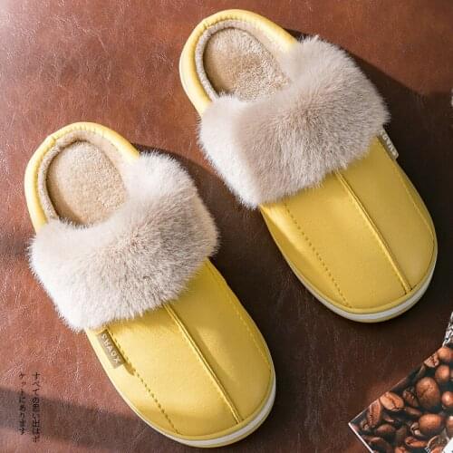 Winter Slippers For Women indoor fluffy plush Waterproof Non-slip slippers Sewing Warm soft fuzzy home slippers ladies leather