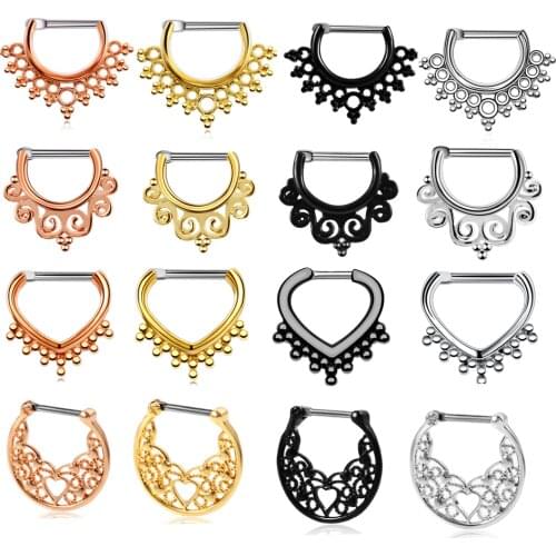H-S 1PC Titanium Shaft Tribal Fan Indian Copper Hollow Septum Clicker Nose Ring Colorful Ear Cartilage Piercing Charming Jewelry