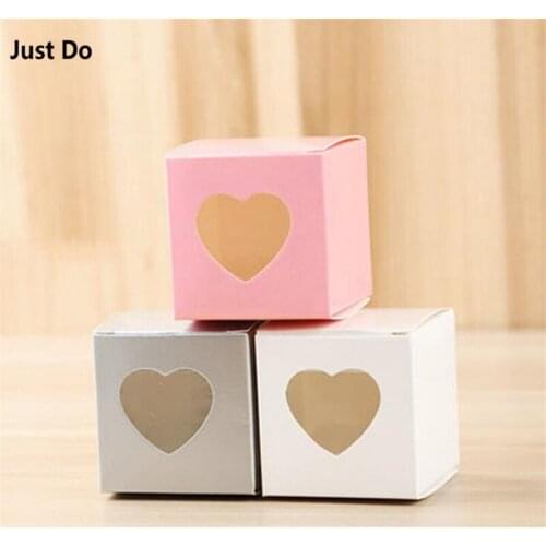 5*5*5 cm 100pcs small pink box with heart window gray white pink paper gift box for wedding candy jewelry baby show