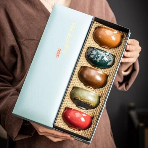 5pcs/set Retro Coarse Pottery Kiln Teacups Japanese Style Kung Fu Tea Cups Heat Resistant Tea Bowl Drinkware Portable TeaSet