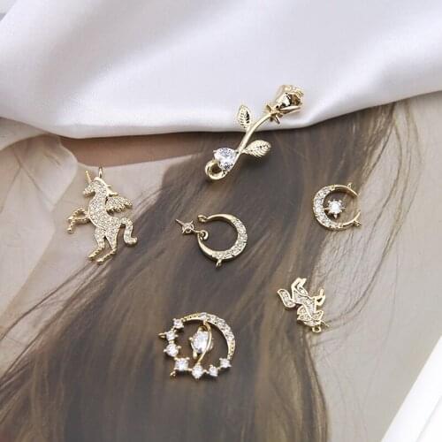 6pcs Korean Style Animal earrings Girl Fashion Copper Zircon Roses Tianma Planet Pendant Moon Earrings Necklace Material Jewelry