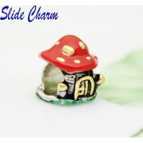 Free shipping new Childrens Fashion Jewelry DIY cartoon mushroom house red enamel charm beads fit Pandora bracelet