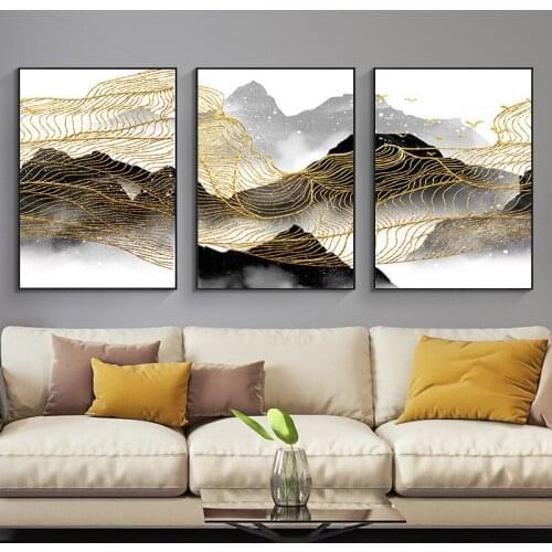 Black Gold Landscape Canvas Paintings on The Wall Art Pictures for Fog Mountains Poster Lines Art Print Home Decoration Modern