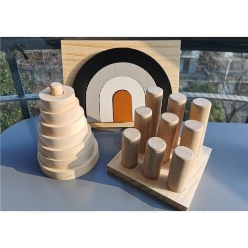Baby Wooden Toys Nordic Style Basswood Tower Nature wood Arch Stacker with Tray Cylinder Blocks For Kids Education Play