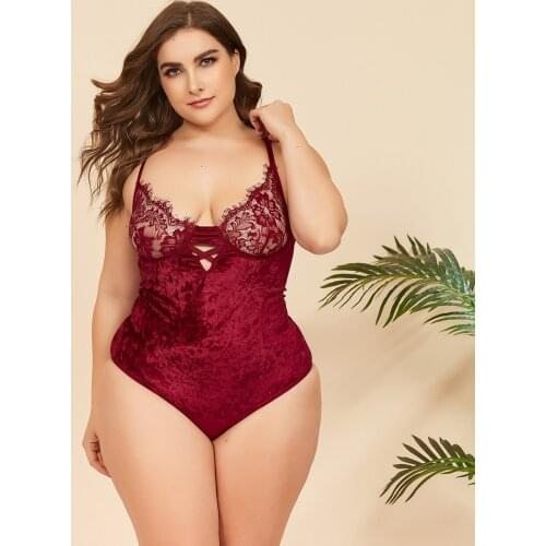 DOIB Women Wine Red Pajamas Playsuit Velvet Spaghetti Strap Lace Patchwork Sleepwear Plus Size Nightwear