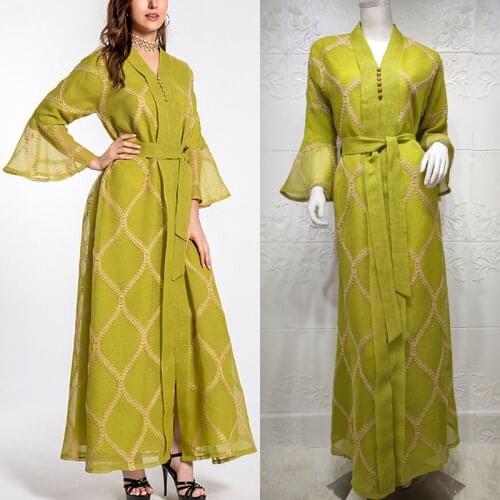 Embroidered Abaya Dress Women Muslim Dubai Evening Party Robe Moroccan Kaftan Turkey Arabic Jalabiya Female Long Dresses Green