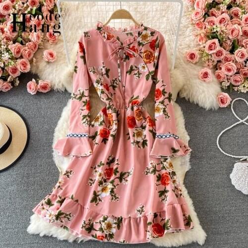 HangCode Women Dress Autumn 2021 Fashion Ruffles Flower Print Chiffon Dress Long Flare Sleeve A-line Party Midi Dress Vestidos
