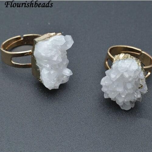 Natural White Druzy Crystal Quartz Stone Rings Fashion Party Jewelrys Size Adjustable