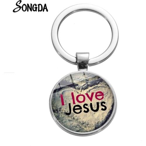 Creative I Love Jesus Keychain 21 Styles Pattern Glass Dome Christian Fish Ichthus Religion Key Ring Chain for Men Women