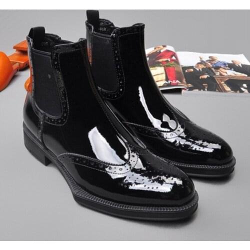 Chelsea Boots Men Top Brand Round Toe Patent Leather Slip On Ankle Boot Fashion Formal Solid Black Carved Cowboy Botas Masculina
