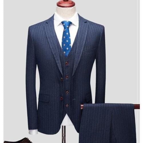 Retro Stripe Business Casual Suit Blazer Vest Trousers Three-piece Suit Mens Wedding Banquet Formal Wear Clothing