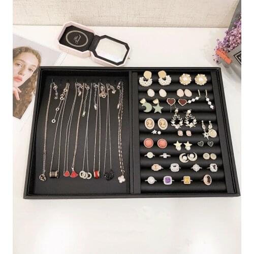 New Black PU Leather Jewelry Display Jewelry Organizer Hairpin Storage Box Necklace Ring Earring Choker Holder Jewelry Tray