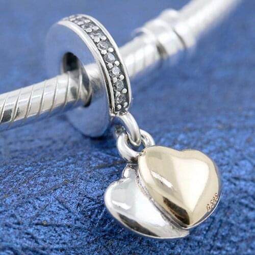 Original Two-tone Double Hearte With Crystal Pendant Beads Fit 925 Sterling Silver Charm Pandora Bracelet Bangle Diy Jewelry