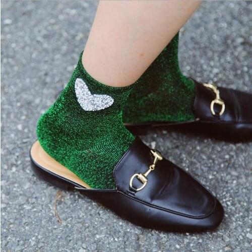 Autumn Winter love heart Trendy Glitter Socks Women Fashion Silver Gold Silk Thread Crew Socks 5 Colors Personalized Shiny Sock