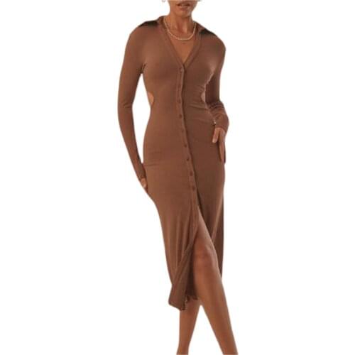 Women Solid Color Hollow-out Dress, Long Sleeve Deep V-neck Front Split Dress for Spring, Fall