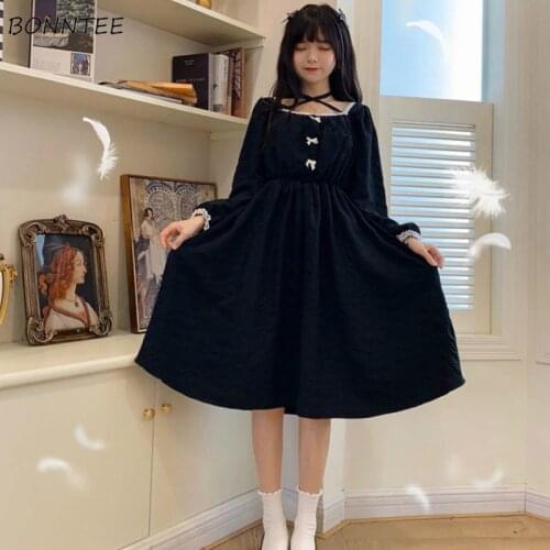 Long Sleeve Dress Womens Elegant Harajuku Retro Square Collar Students Leisure High Waist New Fashion Femme Korean Ulzzang Chic