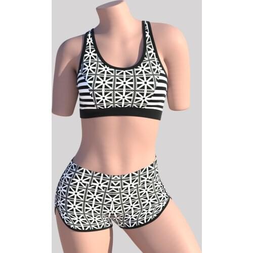 2021new swimwear, geometric stripes, two-piece, sports vest, boxer pants, black and white, womens swimsuit,sports bikini