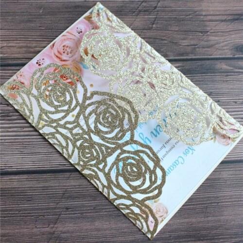 Luxury invitation card elegant rose flower laser cutting gold silver rose gold personalized gift card anniversary card