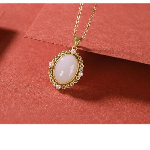 S925 Sterling Silver Gold-plated Inlaid Natural Hetian White Jade Pearls, Personality And classic Temperament Ladies Necklace