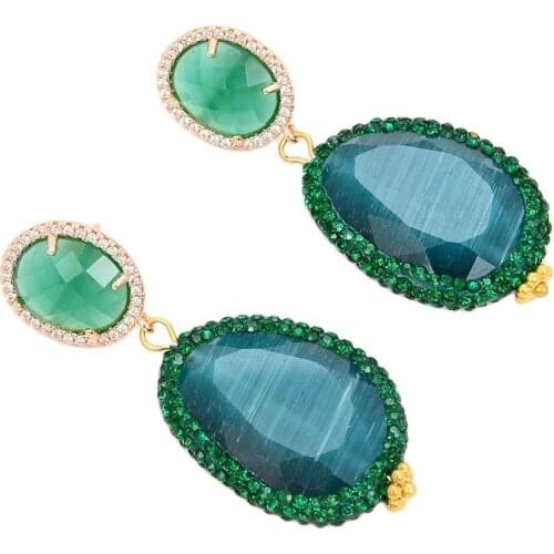 GG Jewelry Green Faceted CZ Paved Cat Eye Green Jade Gold Plated CZ Stud Earrings