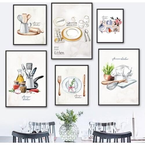 Modern Watercolor Seasoning Kitchen Tools Wall Art Canvas Painting Nordic Posters And Prints Wall Pictures For Dining Room Decor