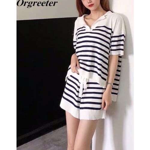 Casual Tracksuits Loose Trendy Striped Knitted Suit Female Lapel Short Pullover Tops + Sashes Bow High Waist Shorts 2 Piece Sets